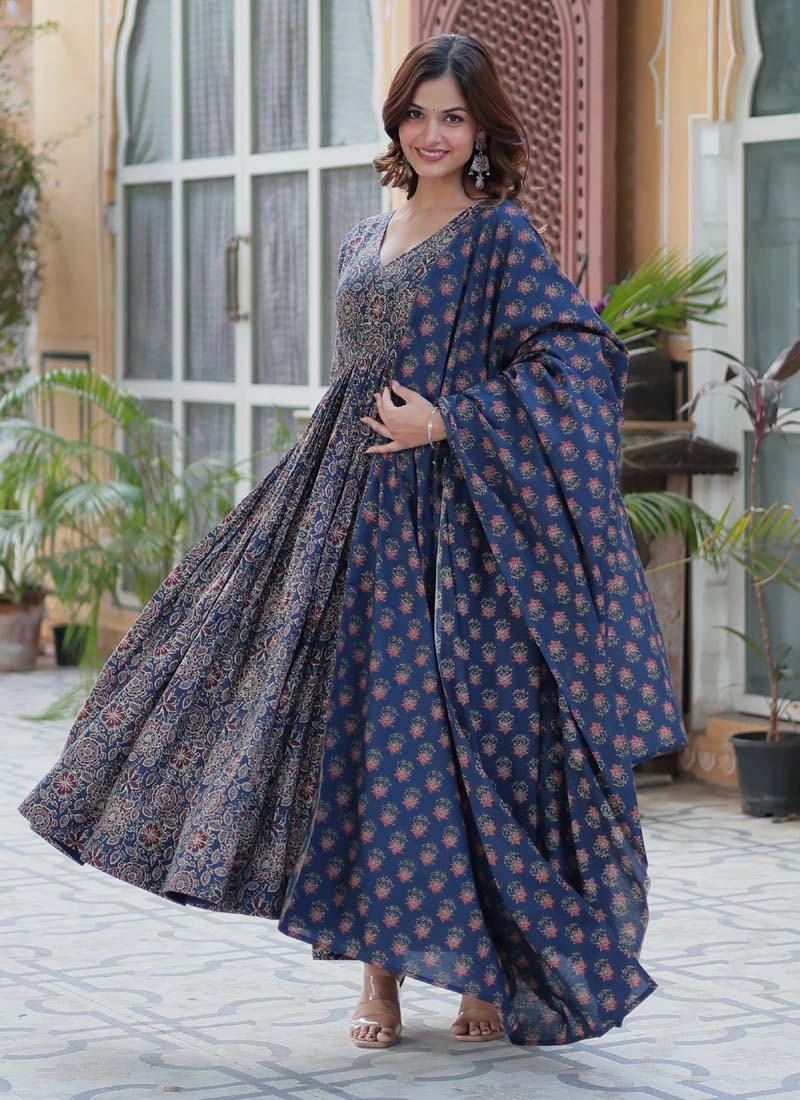 Prazu Fashion Blue Pure Cotton Designer Salwar Suit | Grocsy