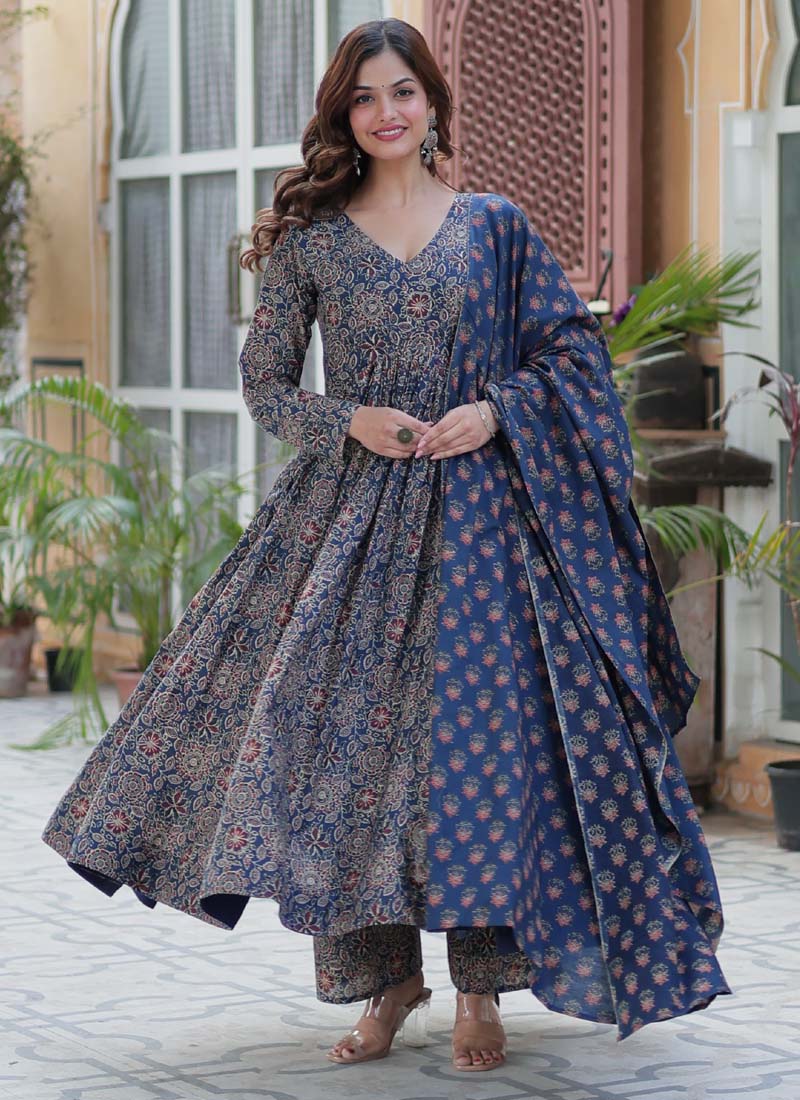 Prazu Fashion Blue Pure Cotton Designer Salwar Suit | Grocsy
