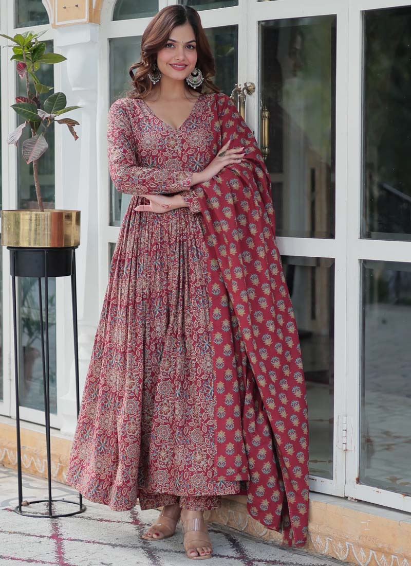Prazu Fashion Maroon Pure Cotton Designer Salwar Suit | Grocsy