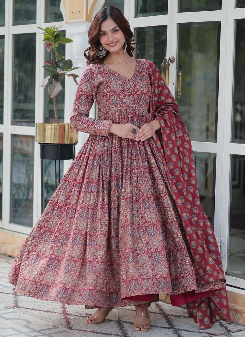 Prazu Fashion Maroon Pure Cotton Designer Salwar Suit | Grocsy
