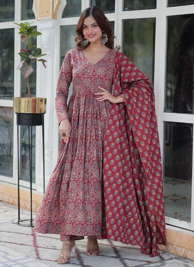 Prazu Fashion Maroon Pure Cotton Designer Salwar Suit | Grocsy