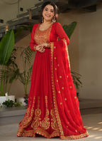 Prazu Fashion Red Georgette Embroidered Gown With Dupatta | Grocsy