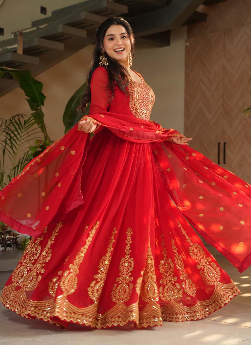 Prazu Fashion Red Georgette Embroidered Gown With Dupatta | Grocsy