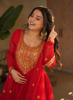 Prazu Fashion Red Georgette Embroidered Gown With Dupatta | Grocsy