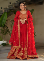 Prazu Fashion Red Georgette Embroidered Gown With Dupatta | Grocsy