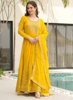 Prazu Fashion Yellow Georgette Embroidered Gown With Dupatta | Grocsy