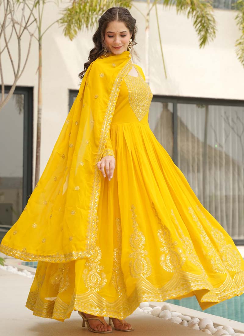 Prazu Fashion Yellow Georgette Embroidered Gown With Dupatta | Grocsy