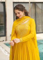 Prazu Fashion Yellow Georgette Embroidered Gown With Dupatta | Grocsy