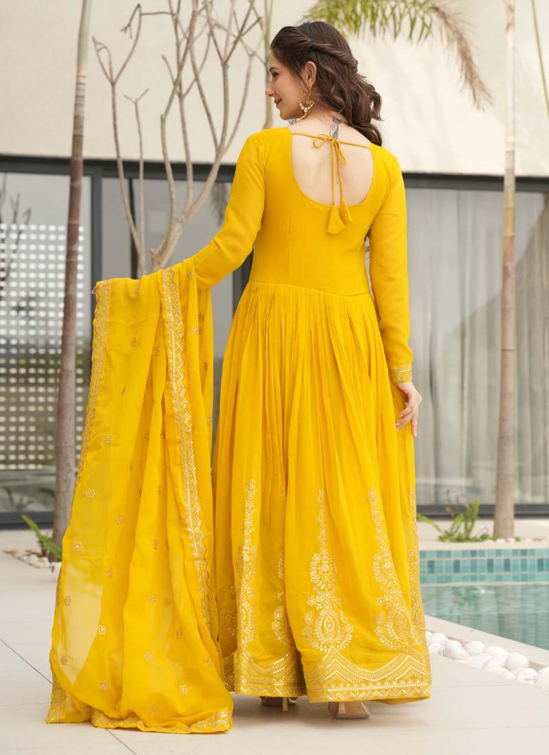 Prazu Fashion Yellow Georgette Embroidered Gown With Dupatta | Grocsy