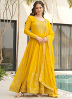 Prazu Fashion Yellow Georgette Embroidered Gown With Dupatta | Grocsy