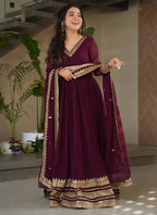 Prazu Fashion Wine Georgette Embroidered Sequence Gown With Dupatta | Grocsy