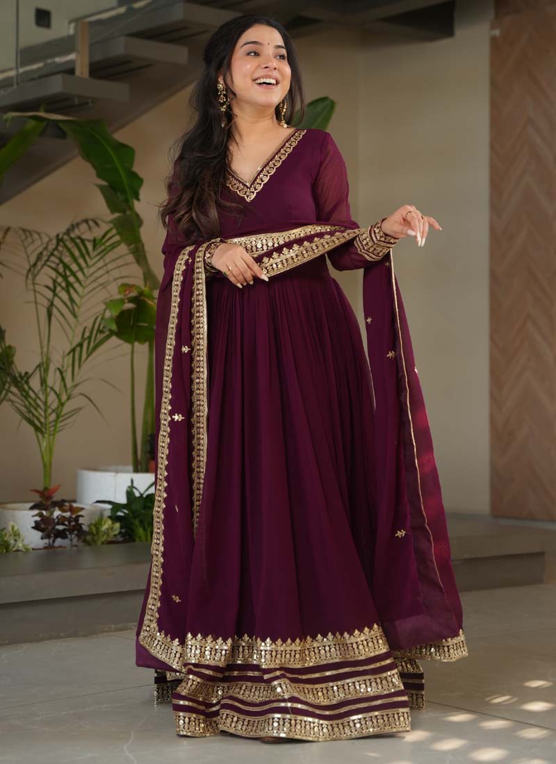 Prazu Fashion Wine Georgette Embroidered Sequence Gown With Dupatta | Grocsy