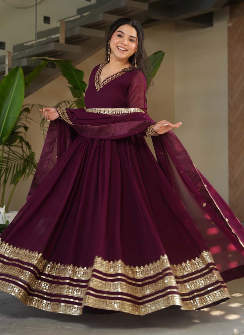 Prazu Fashion Wine Georgette Embroidered Sequence Gown With Dupatta | Grocsy