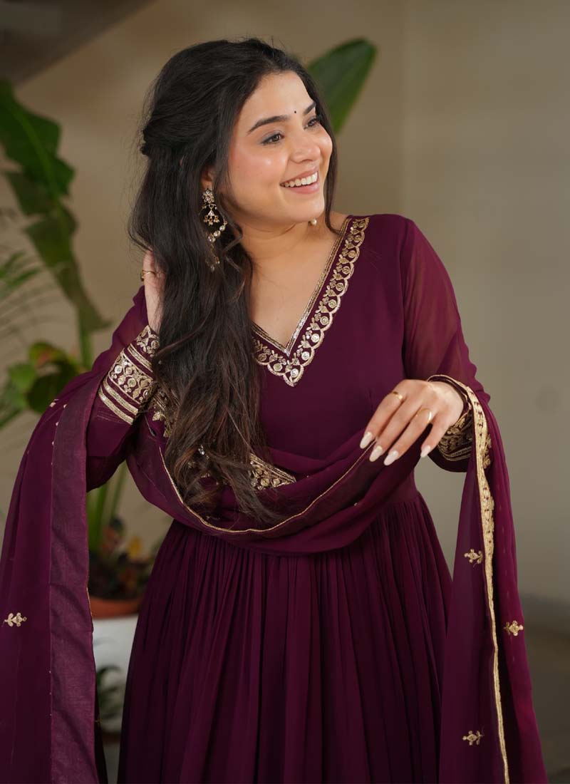 Prazu Fashion Wine Georgette Embroidered Sequence Gown With Dupatta | Grocsy
