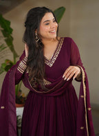 Prazu Fashion Wine Georgette Embroidered Sequence Gown With Dupatta | Grocsy