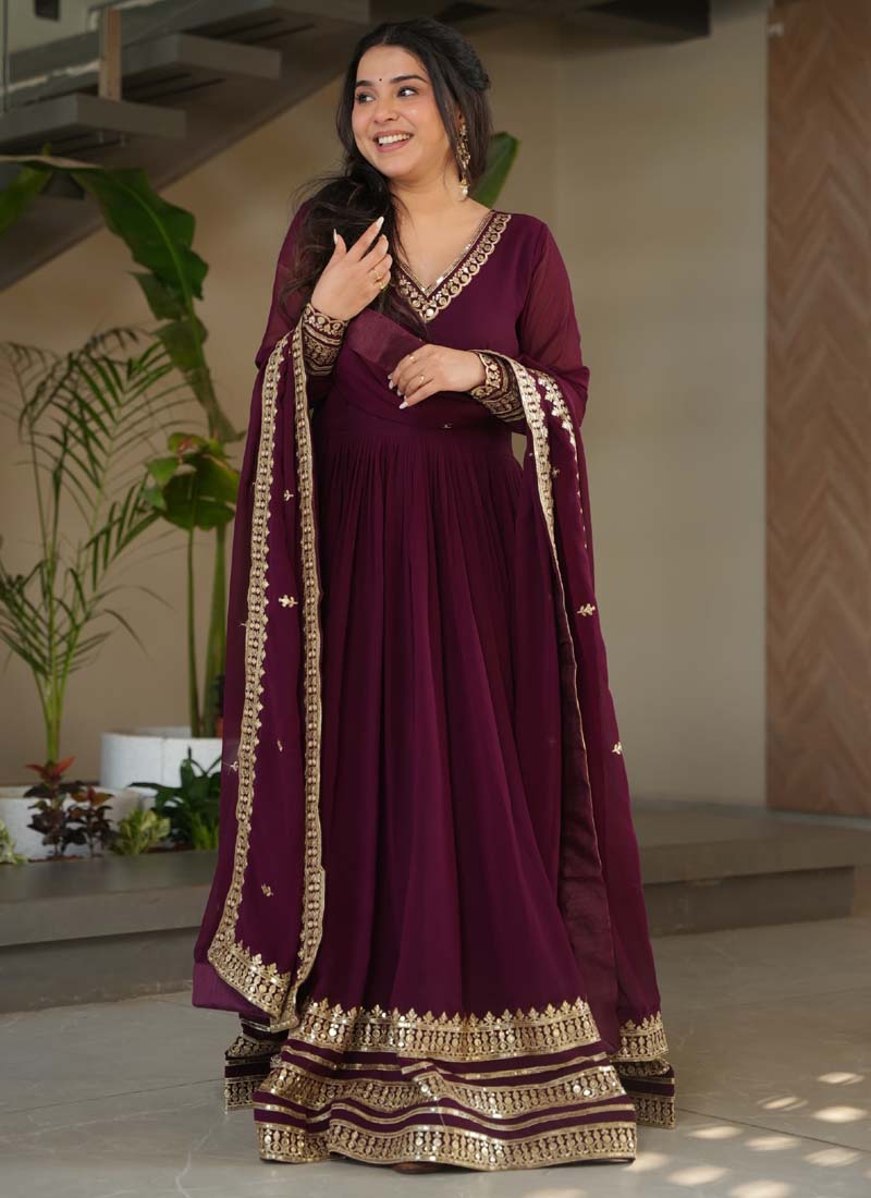 Prazu Fashion Wine Georgette Embroidered Sequence Gown With Dupatta | Grocsy