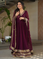 Prazu Fashion Wine Georgette Embroidered Sequence Gown With Dupatta | Grocsy