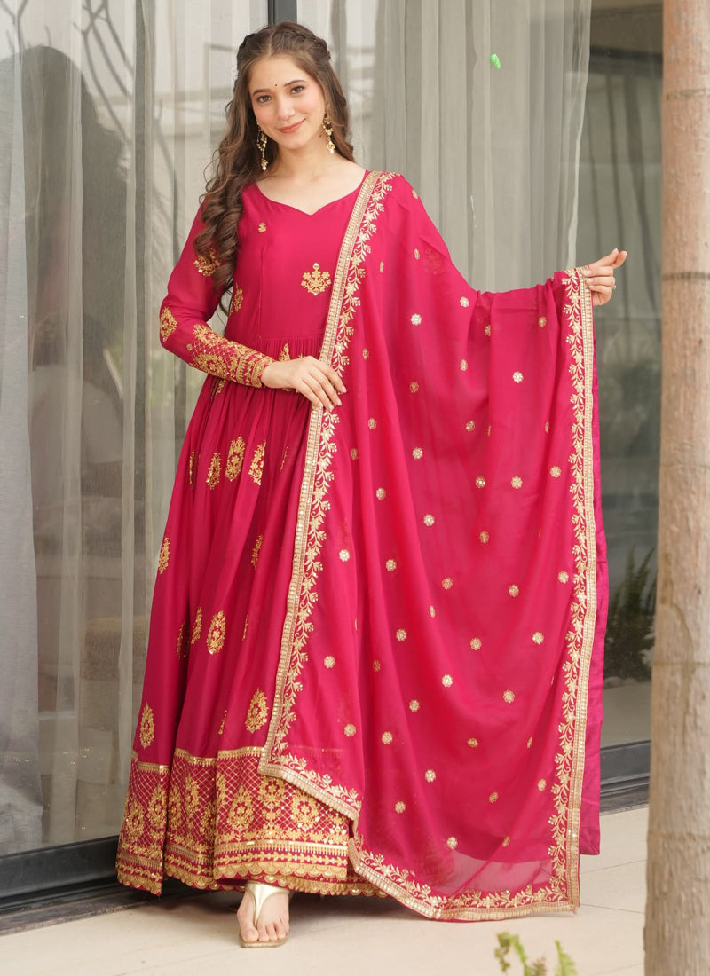 Prazu Fashion Red Georgette Embroidered Gown With Dupatta | Grocsy