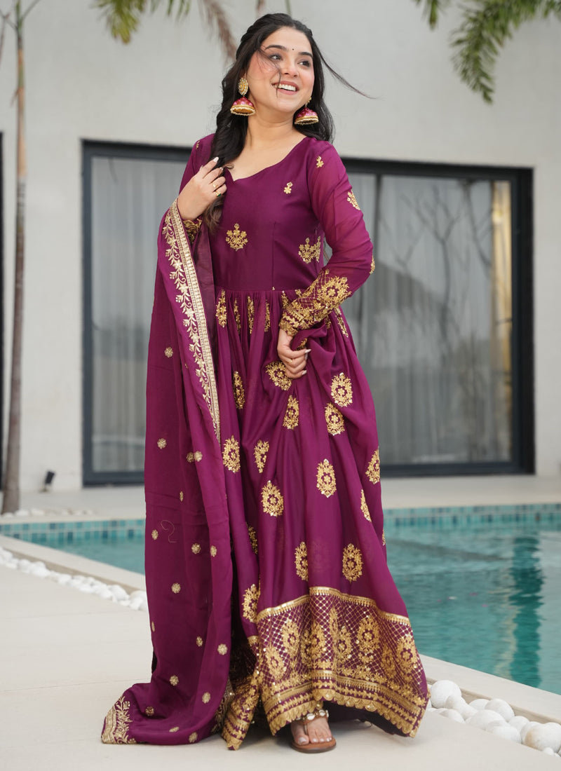 Prazu Fashion Wine Georgette Embroidered Gown With Dupatta | Grocsy