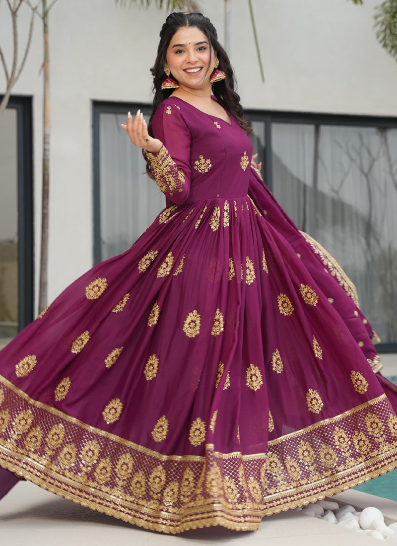 Prazu Fashion Wine Georgette Embroidered Gown With Dupatta | Grocsy