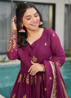 Prazu Fashion Wine Georgette Embroidered Gown With Dupatta | Grocsy