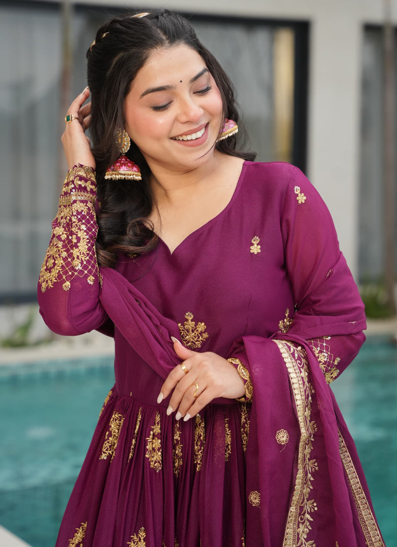 Prazu Fashion Wine Georgette Embroidered Gown With Dupatta | Grocsy