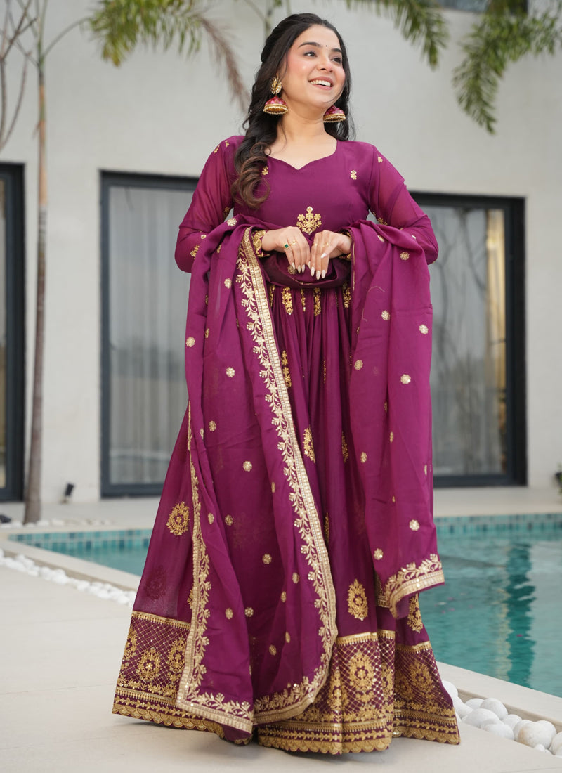 Prazu Fashion Wine Georgette Embroidered Gown With Dupatta | Grocsy
