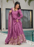 Prazu Fashion Onion Pink Chinon Silk Embroidered Sequence Gown With Dupatta | Grocsy