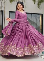 Prazu Fashion Onion Pink Chinon Silk Embroidered Sequence Gown With Dupatta | Grocsy