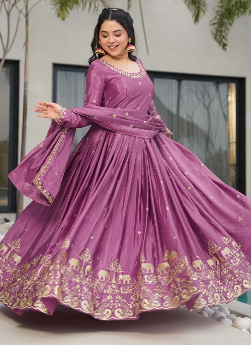 Prazu Fashion Onion Pink Chinon Silk Embroidered Sequence Gown With Dupatta | Grocsy