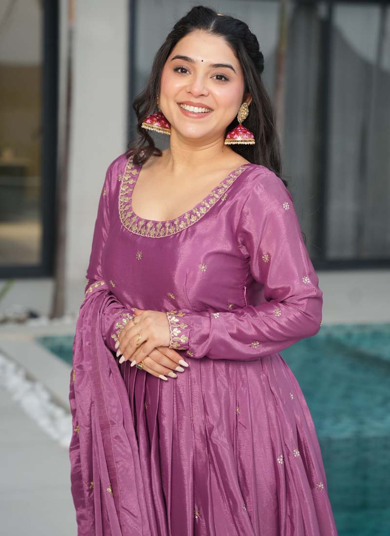Prazu Fashion Onion Pink Chinon Silk Embroidered Sequence Gown With Dupatta | Grocsy