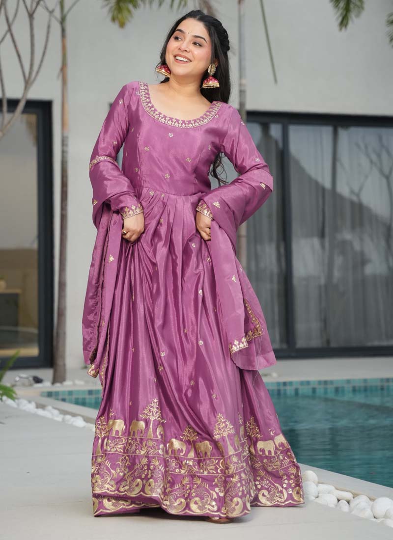 Prazu Fashion Onion Pink Chinon Silk Embroidered Sequence Gown With Dupatta | Grocsy