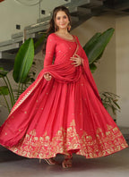 Prazu Fashion Peach Red Chinon Silk Embroidered Sequence Gown With Dupatta | Grocsy