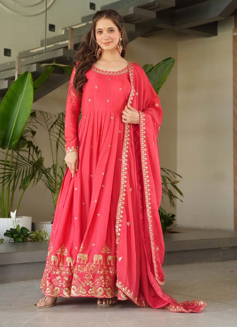 Prazu Fashion Peach Red Chinon Silk Embroidered Sequence Gown With Dupatta | Grocsy