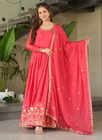 Prazu Fashion Peach Red Chinon Silk Embroidered Sequence Gown With Dupatta | Grocsy