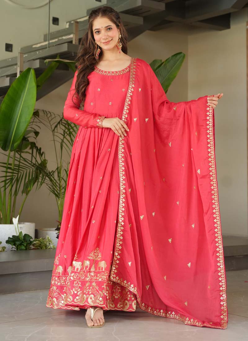 Prazu Fashion Peach Red Chinon Silk Embroidered Sequence Gown With Dupatta | Grocsy