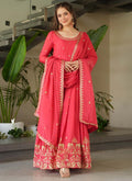 Prazu Fashion Peach Red Chinon Silk Embroidered Sequence Gown With Dupatta | Grocsy