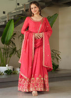 Prazu Fashion Peach Red Chinon Silk Embroidered Sequence Gown With Dupatta | Grocsy