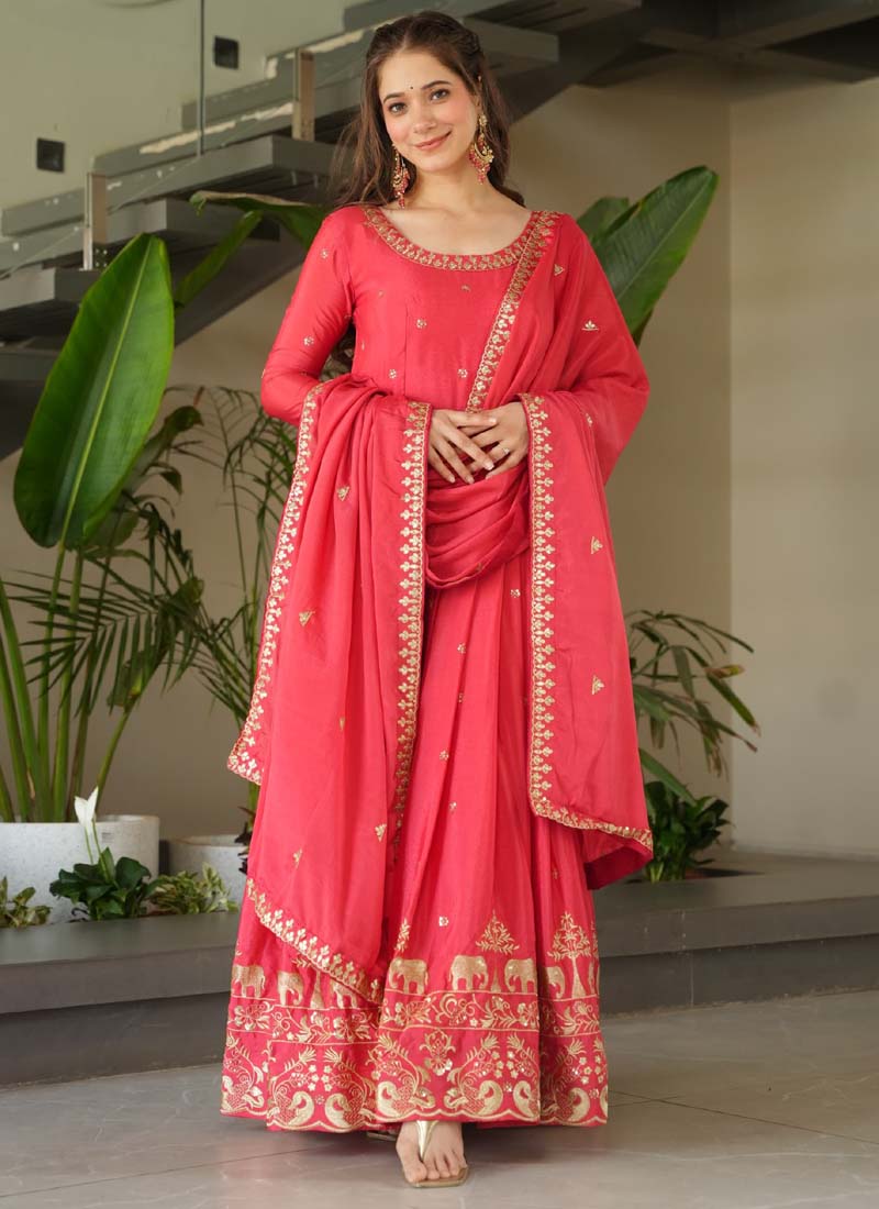 Prazu Fashion Peach Red Chinon Silk Embroidered Sequence Gown With Dupatta | Grocsy
