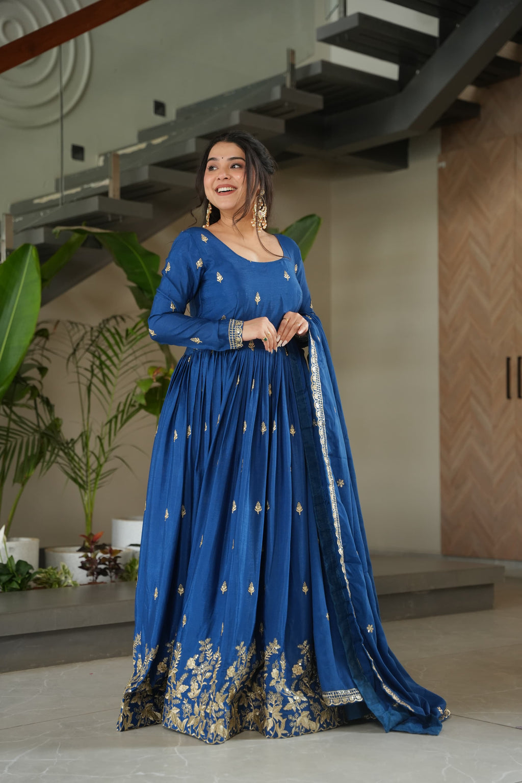 Prazu Fashion Blue Chinon Silk Embroidered Zari Gown With Dupatta | Grocsy