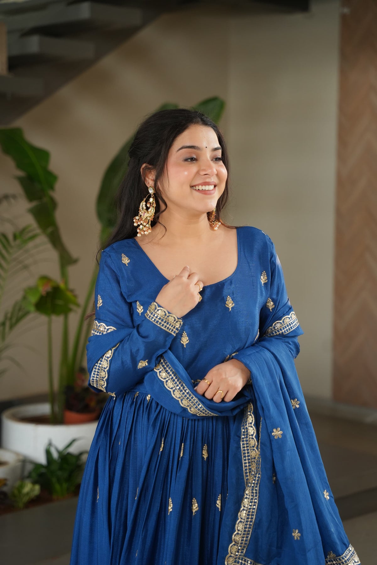 Prazu Fashion Blue Chinon Silk Embroidered Zari Gown With Dupatta | Grocsy