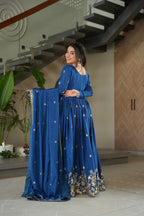 Prazu Fashion Blue Chinon Silk Embroidered Zari Gown With Dupatta | Grocsy