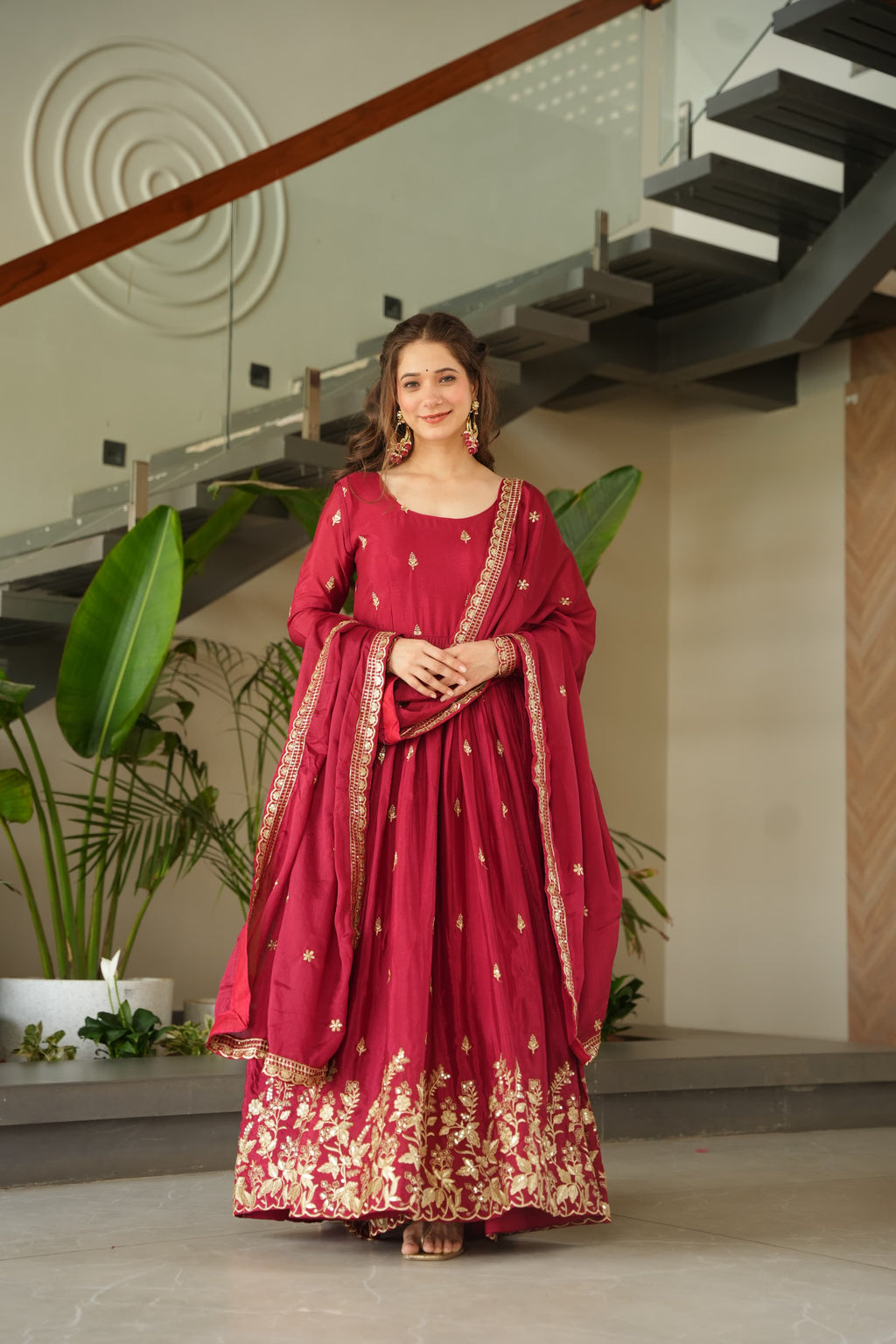 Prazu Fashion Red Chinnon With Embroidery Zari Sequins Work Gown | Grocsy