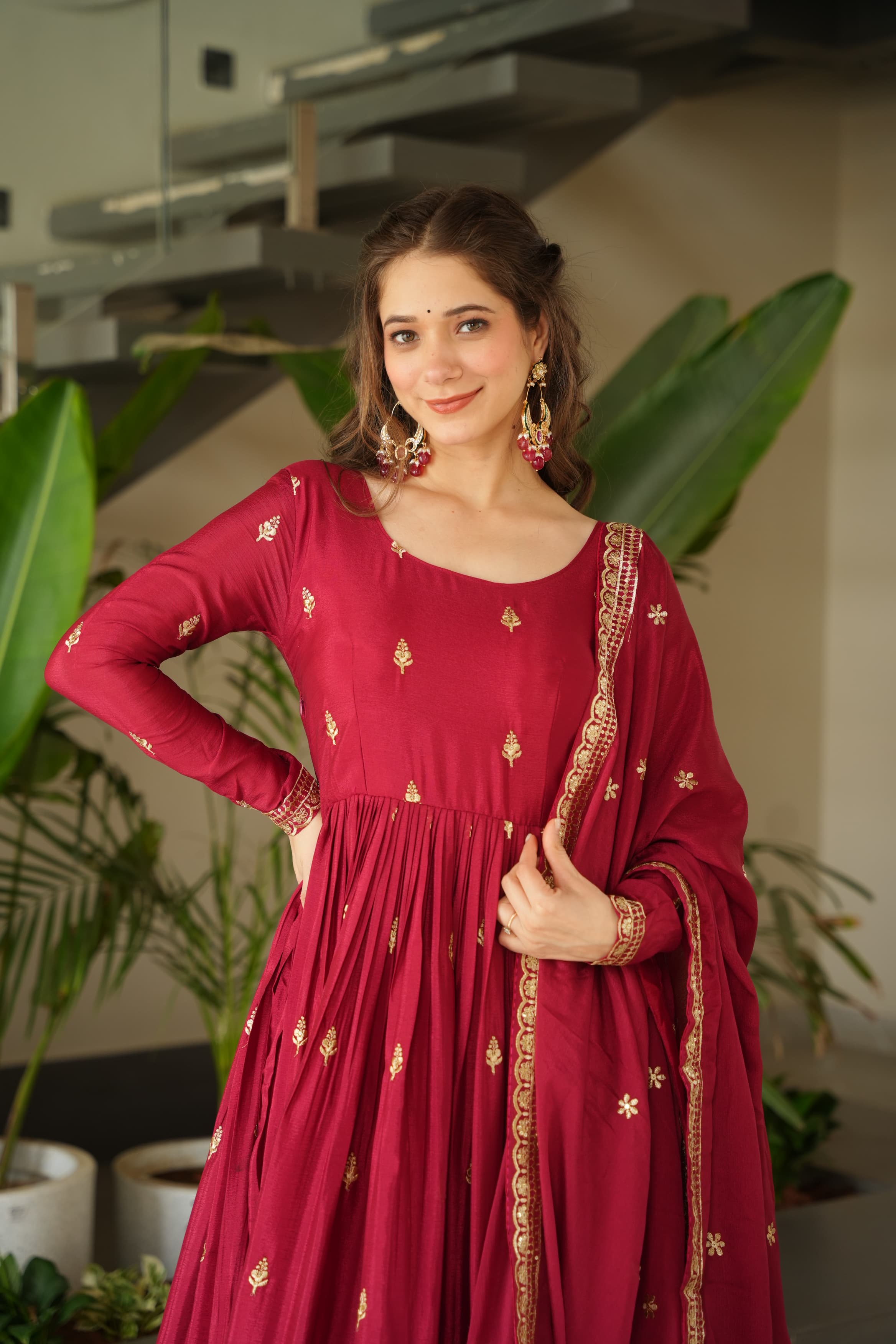 Prazu Fashion Red Chinnon With Embroidery Zari Sequins Work Gown | Grocsy