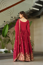 Prazu Fashion Red Chinnon With Embroidery Zari Sequins Work Gown | Grocsy