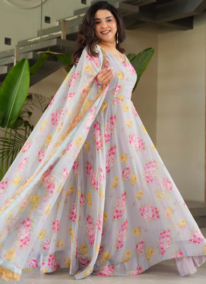 Prazu Fashion Light Grey Georgette Digital Printed Gown With Dupatta | Grocsy