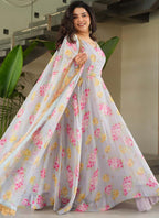 Prazu Fashion Light Grey Georgette Digital Printed Gown With Dupatta | Grocsy