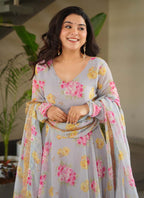 Prazu Fashion Light Grey Georgette Digital Printed Gown With Dupatta | Grocsy