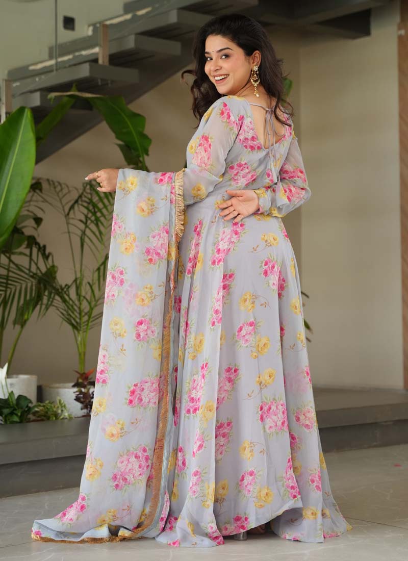Prazu Fashion Light Grey Georgette Digital Printed Gown With Dupatta | Grocsy
