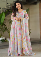 Prazu Fashion Light Grey Georgette Digital Printed Gown With Dupatta | Grocsy